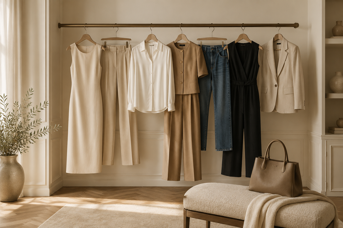 An elegant neutral-toned wardrobe with classic dresses, blouses, tailored trousers, a blazer, and a structured handbag in a softly lit room.